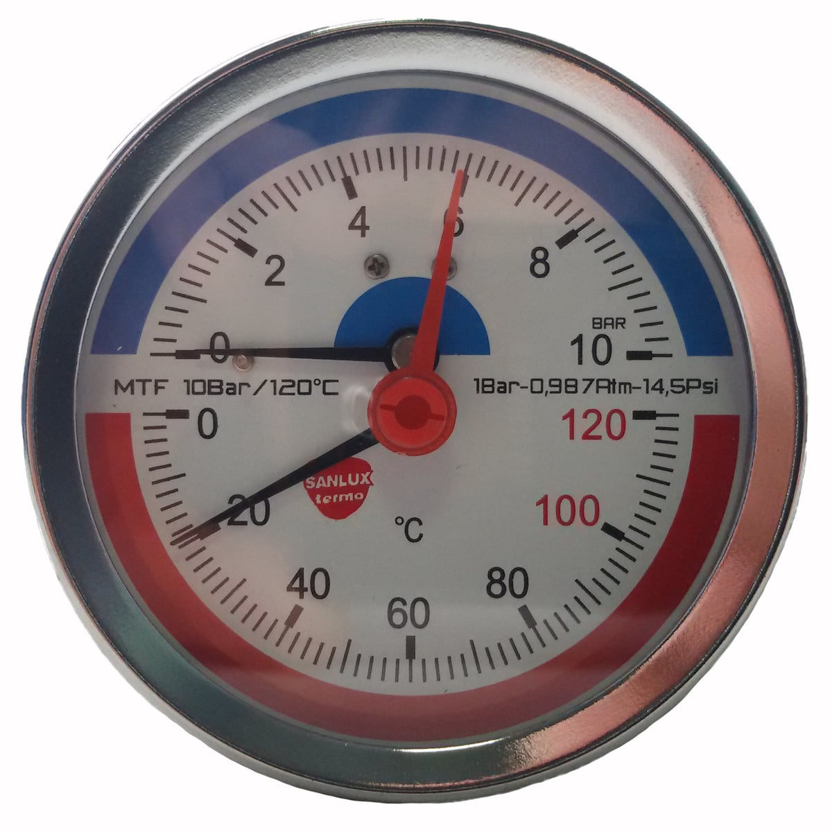 Термоманометр з клап 0-120C 0-10Bar D80mm (тильний) метал корпус